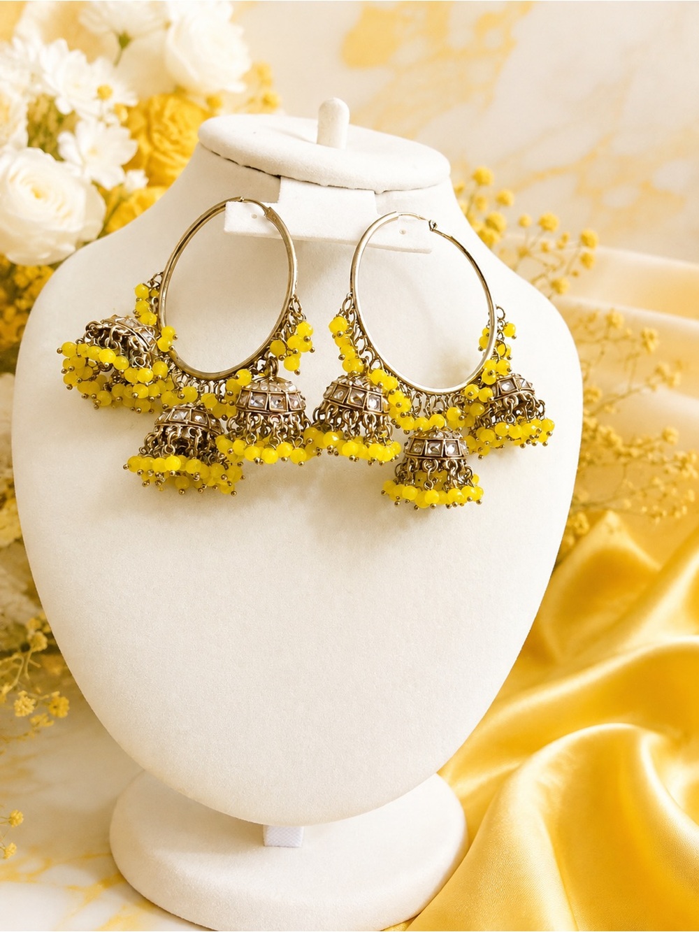 Yellow Beaded Jhumka Hoop Earrings - Women Jewelry